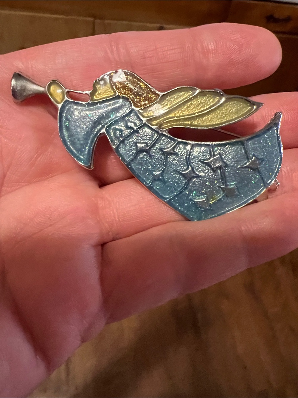 Vintage Angel Brooch Pin in Teal and Gold Tones Trumpet Herald Christmas